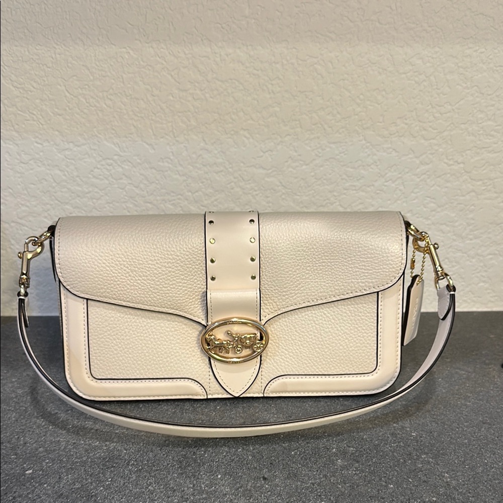 Coach Cream and Gold Structured Shoulder Bag with Polished Hardware